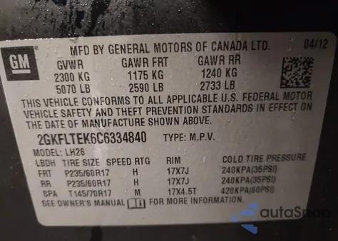 2012 GMC Terrain Sle-2 z USA, uszkodzony, nr VIN 2GKFLTEK6C6334840